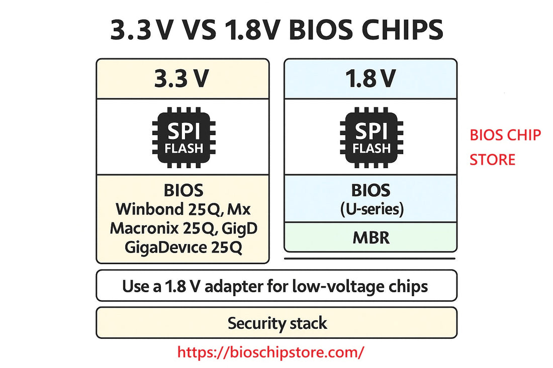 Voltage comparison of 3.3V vs 1.8V BIOS SPI flash chips with common families labeled: Winbond W25Q, Macronix MX25L, GigaDevice GD25Q (3.3V) vs MX25U, GD25LQ (1.8V), plus note to use a 1.8V adapter.