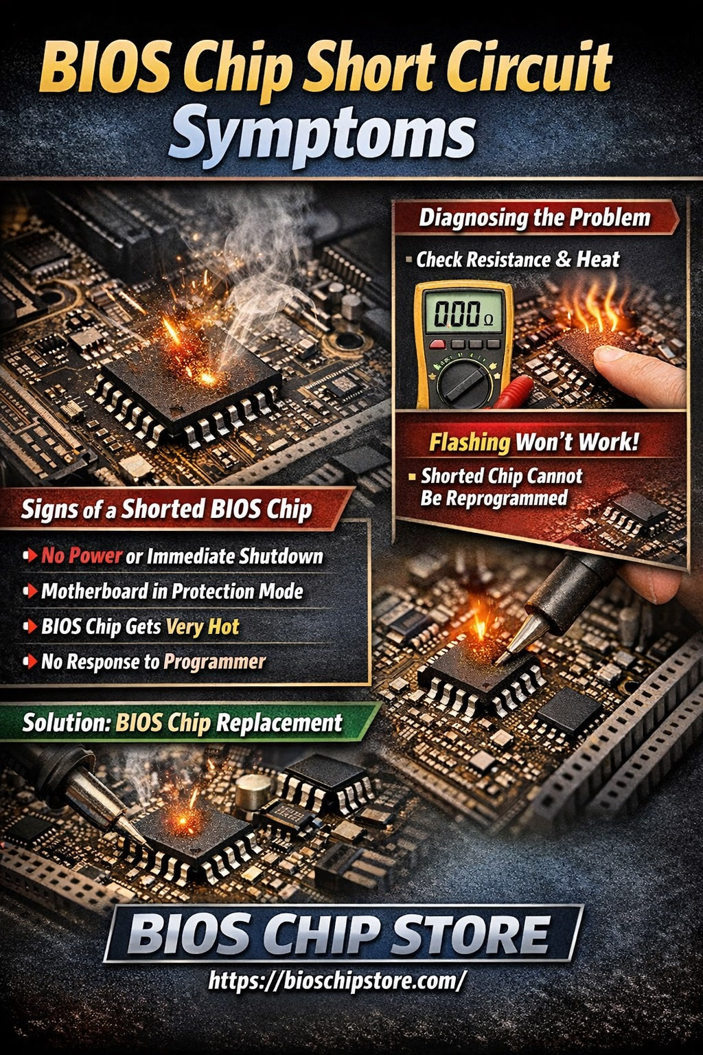 Shorted BIOS Chip Repair Guide – Motherboard No Power No POST Fix, BIOS Chip Overheating, Cannot Detect SPI Flash, Replace BIOS Chip Solution | BIOS Chip Store https://bioschipstore.com/