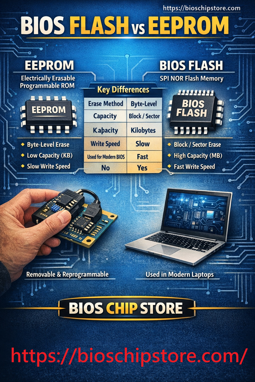 BIOS flash vs EEPROM comparison showing SPI NOR flash differences including capacity speed erase method and modern BIOS usage
