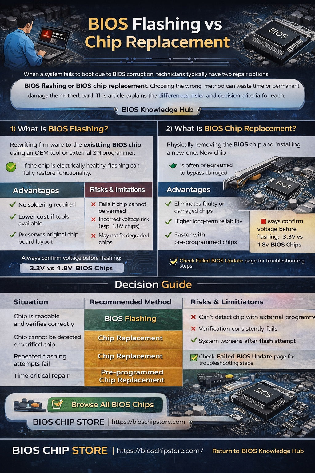 BIOS flashing vs BIOS chip replacement comparison guide SPI flash repair decision chart motherboard no POST fix infographic BIOS Chip Store