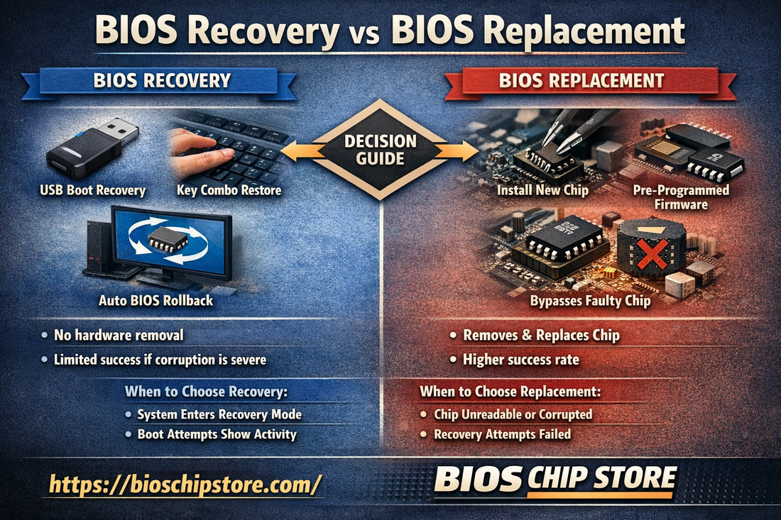 BIOS recovery vs chip replacement comparison motherboard BIOS repair no POST recovery SPI flash decision guide infographic