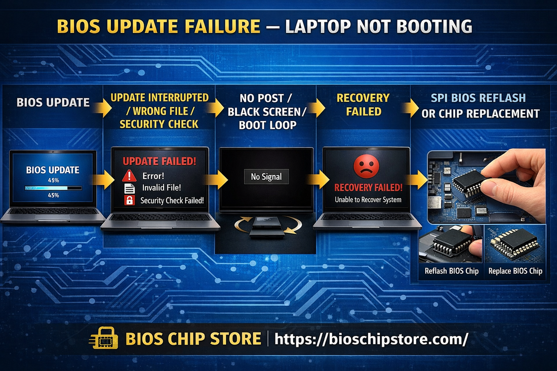 BIOS update failure laptop not booting repair guide SPI BIOS reflash chip replacement BIOS Chip Store bioschipstore.com