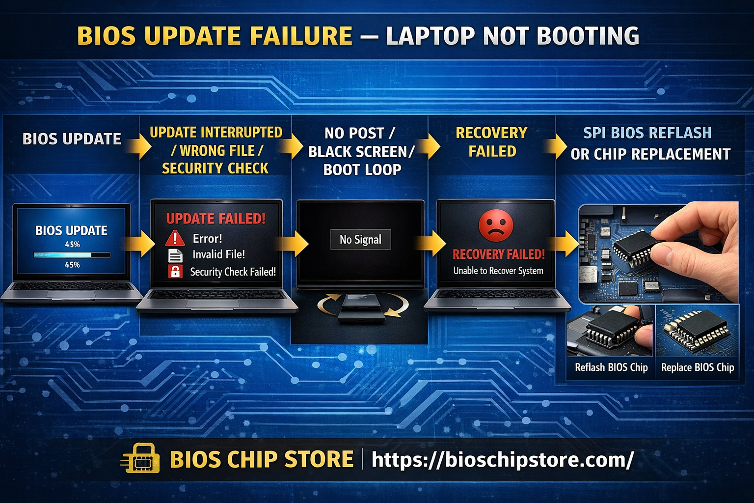 BIOS update failure laptop not booting repair guide SPI BIOS reflash chip replacement BIOS Chip Store bioschipstore.com