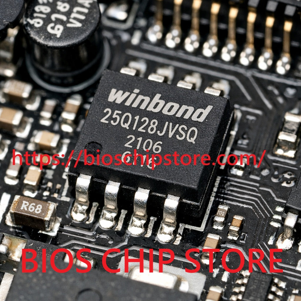 Close-up macro of an 8-pin SOIC SPI BIOS flash chip on a motherboard, pin leads and PCB traces visible