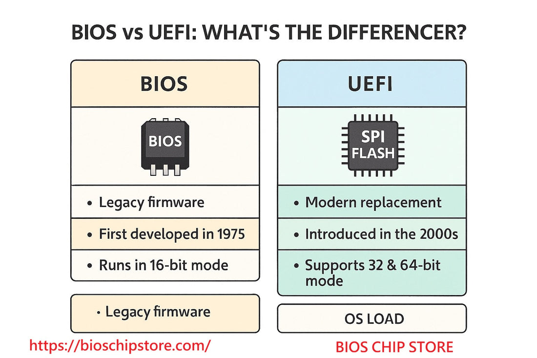 Comparison diagram of BIOS vs UEFI showing legacy 16‑bit BIOS and modern 32/64‑bit UEFI with GPT/ESP, drivers, and security features.