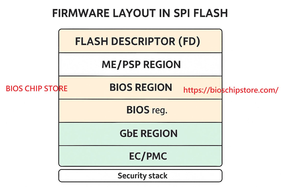 Diagram of BIOS firmware layout in SPI flash showing Flash Descriptor (FD), ME/PSP region, BIOS region, GbE region, and EC/PMC region