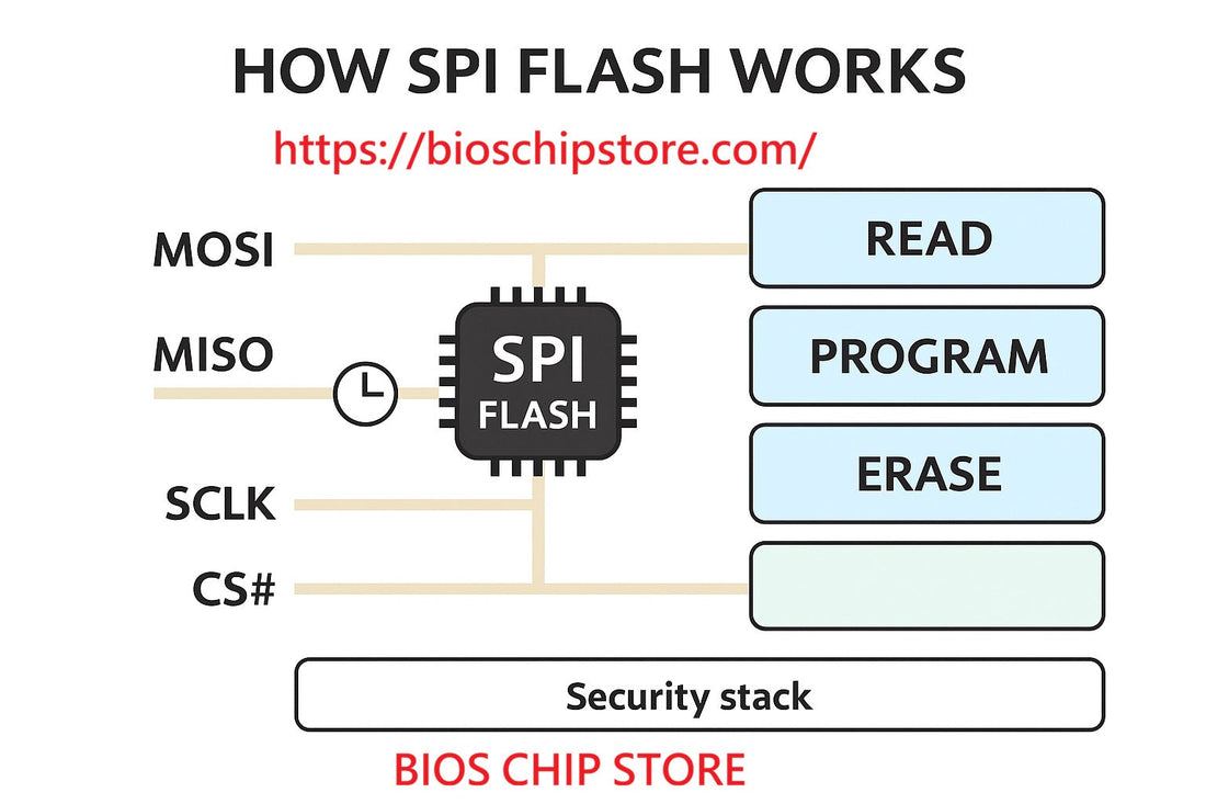 Diagram of how SPI Flash works showing SPI bus signals (MOSI, MISO, SCLK, CS#) and the core operations: READ, PROGRAM, and ERASE; suitable for BIOS/UEFI firmware articles.