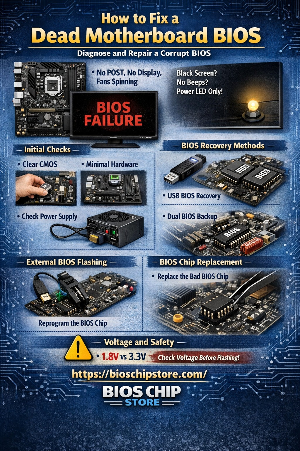How to Fix a Dead Motherboard BIOS – BIOS Failure Symptoms, Recovery Methods, SPI Flashing, BIOS Chip Replacement Guide | BIOS Chip Store [https://bioschipstore.com/]