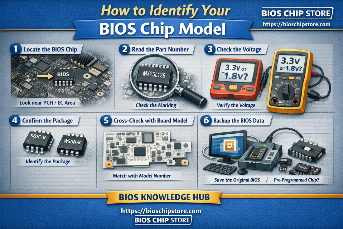 how to identify BIOS chip model including SPI flash part number voltage 3.3V vs 1.8V and SOIC8 WSON8 package guide