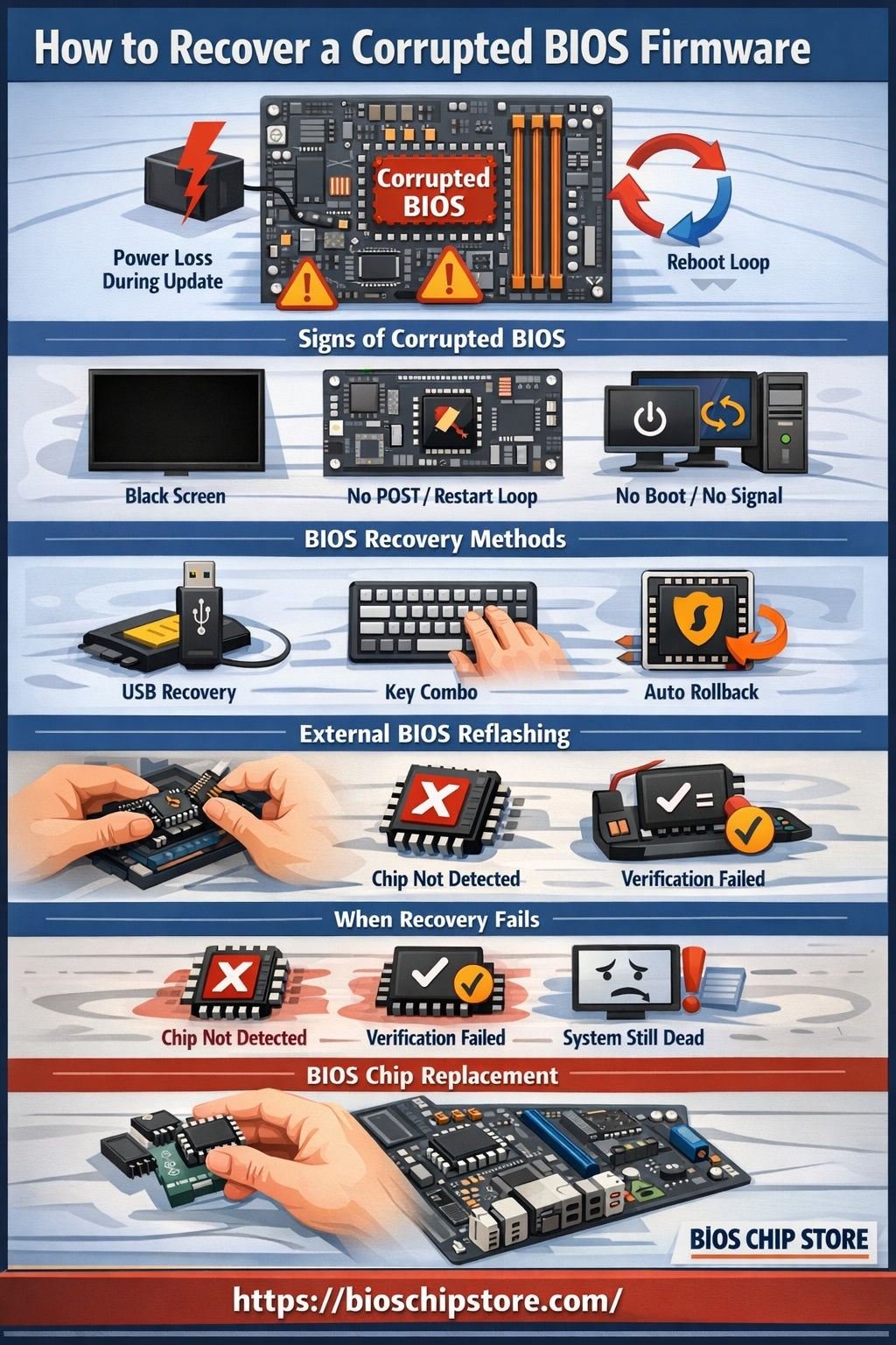 recover corrupted BIOS firmware guide SPI flash repair no POST black screen BIOS recovery vs chip replacement infographic