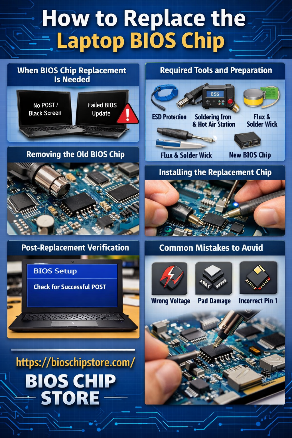 how to replace laptop BIOS chip step by step guide with soldering SPI flash chip removal installation and repair infographic