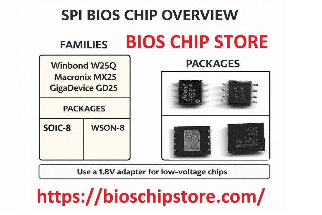 SPI BIOS chip overview diagram showing common SPI NOR families (Winbond W25Q, Macronix MX25, GigaDevice GD25), SOIC‑8 and WSON‑8 packages.