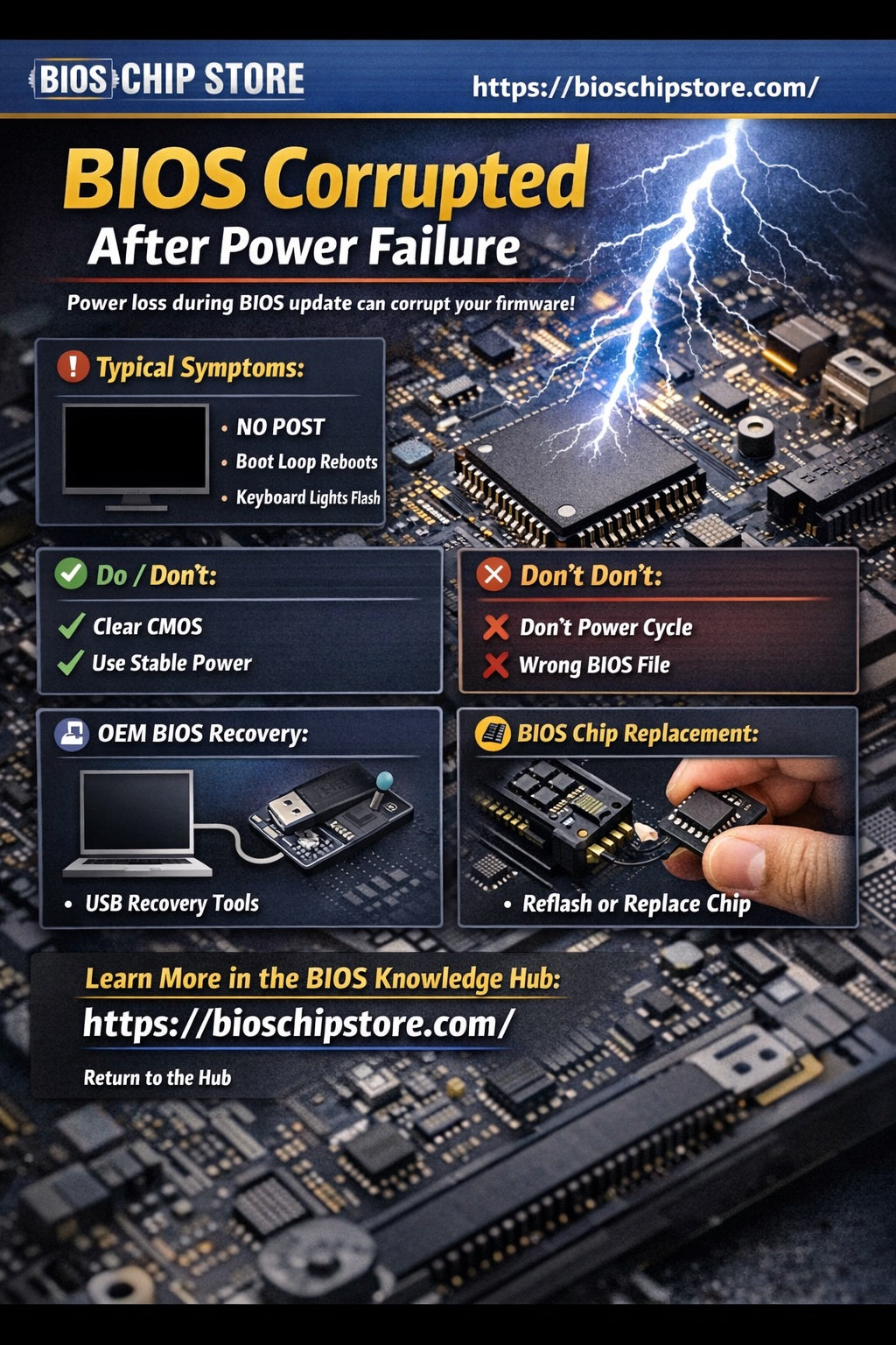 BIOS corrupted after power failure no POST fix SPI flash recovery BIOS chip replacement https://bioschipstore.com/