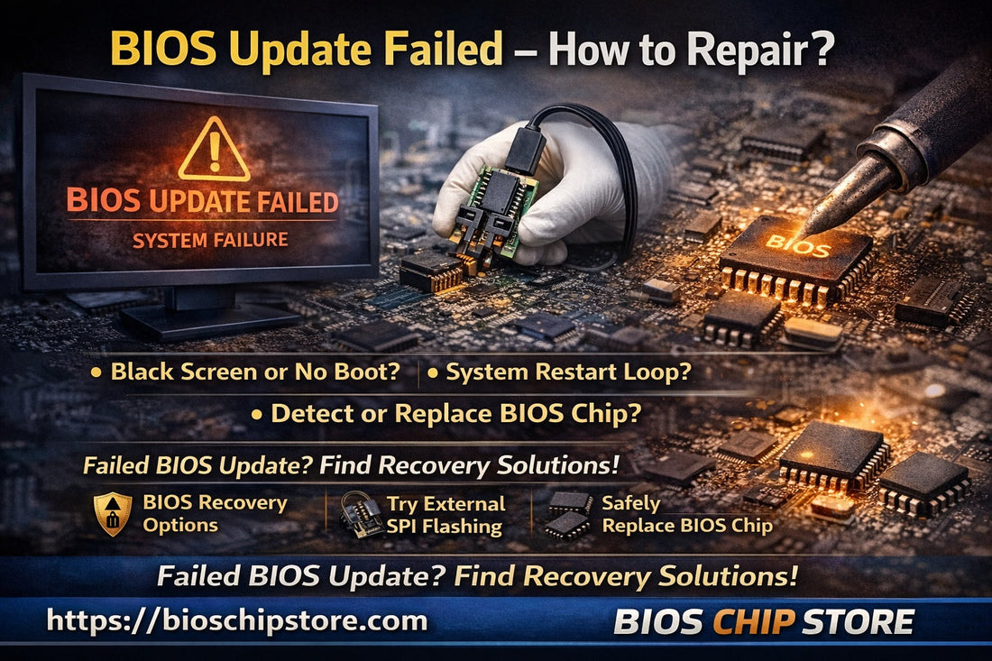 BIOS update failed how to repair no boot black screen restart loop BIOS recovery or chip replacement BIOS CHIP STORE https://bioschipstore.com