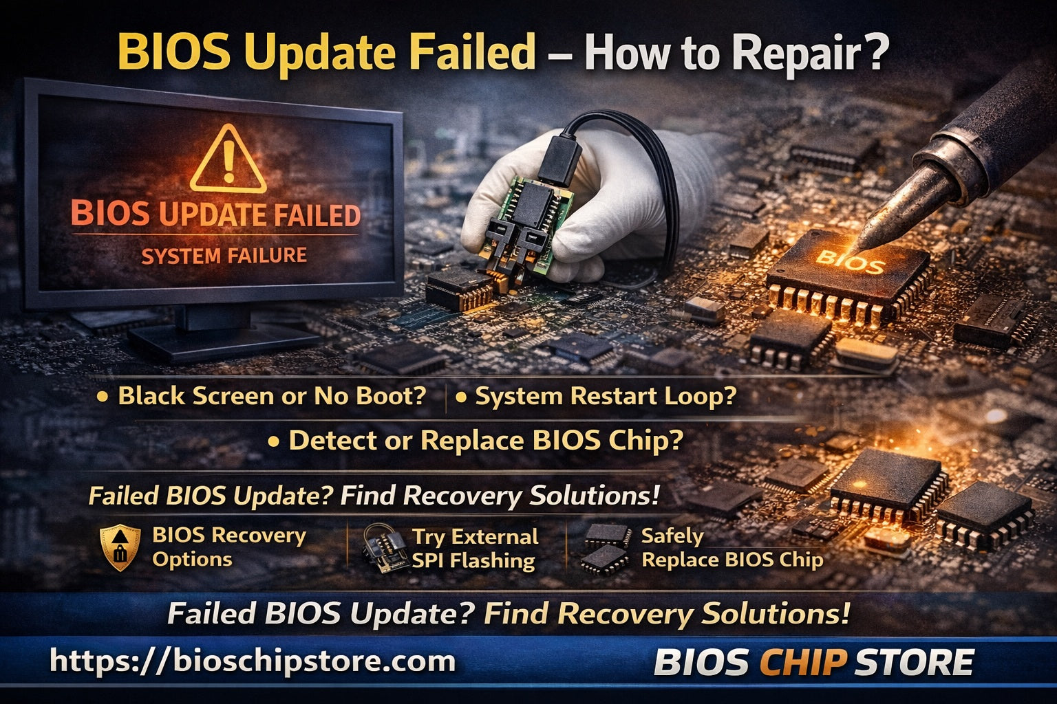 BIOS update failed how to repair no boot black screen restart loop BIOS recovery or chip replacement BIOS CHIP STORE https://bioschipstore.com