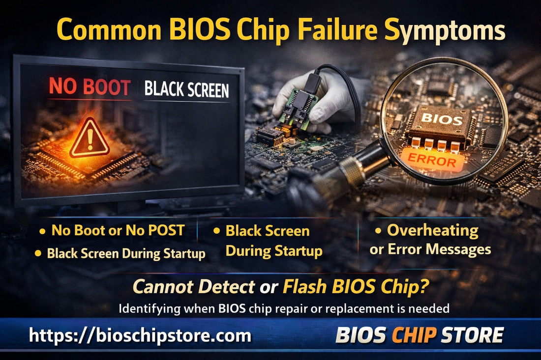 common BIOS chip failure symptoms no boot no POST black screen BIOS repair or replacement guide BIOS CHIP STORE https://bioschipstore.com