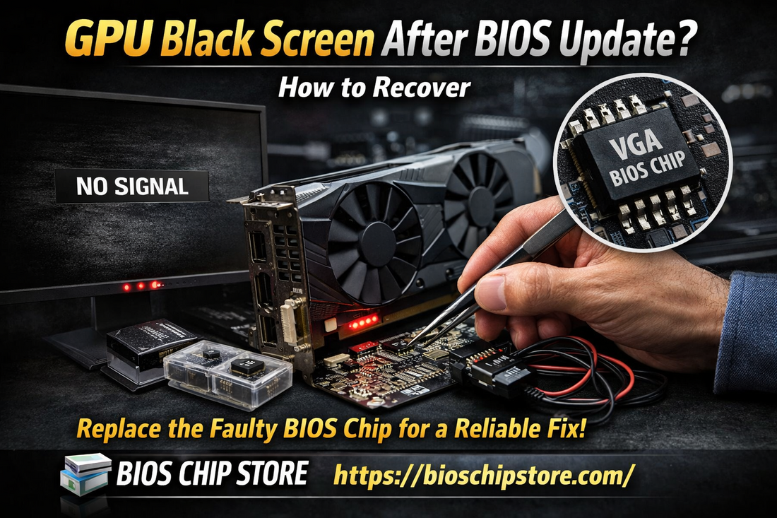 GPU black screen after BIOS update no signal GPU not detected recovery using VGA BIOS chip replacement BIOS Chip Store https://bioschipstore.com/