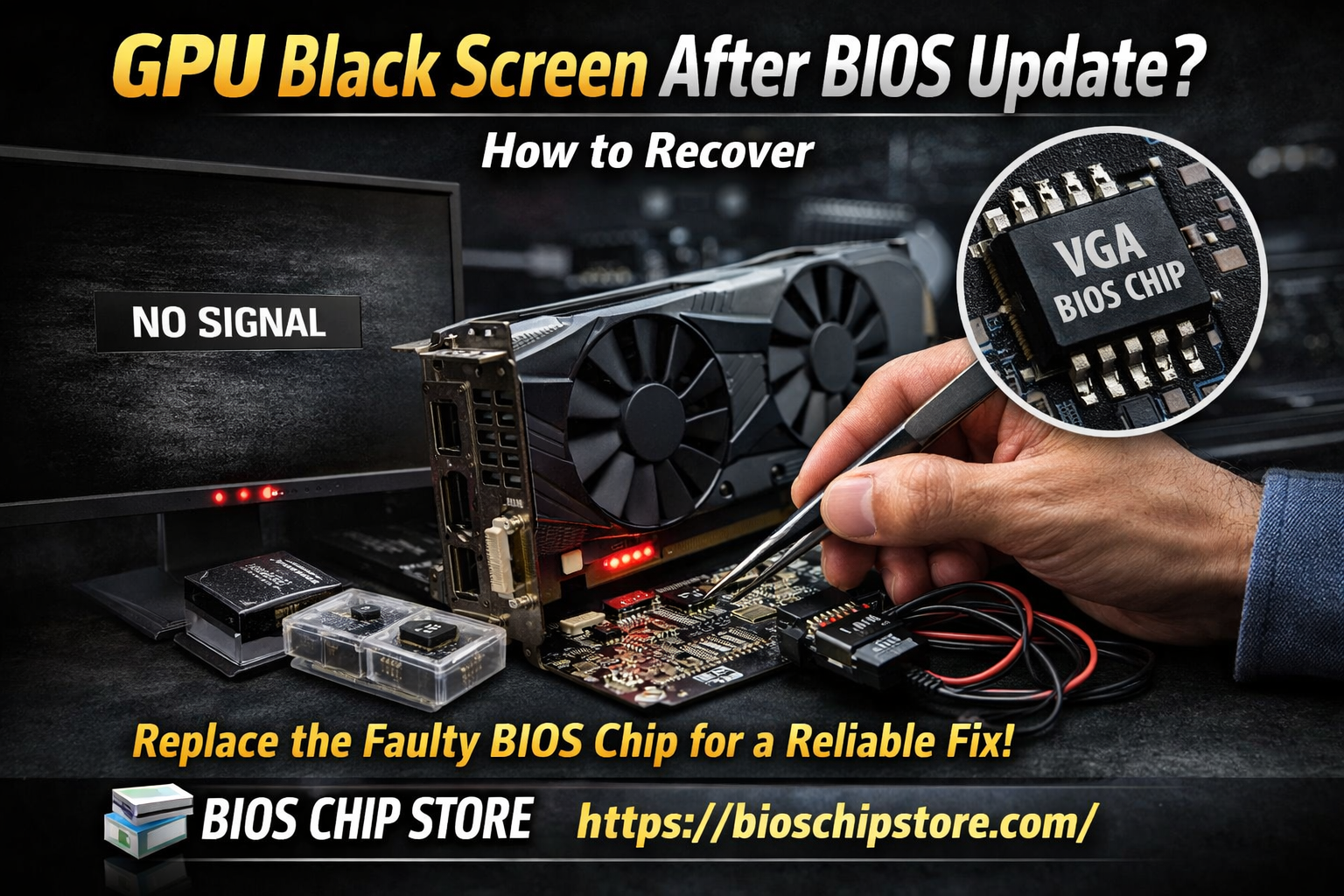 GPU black screen after BIOS update no signal GPU not detected recovery using VGA BIOS chip replacement BIOS Chip Store https://bioschipstore.com/