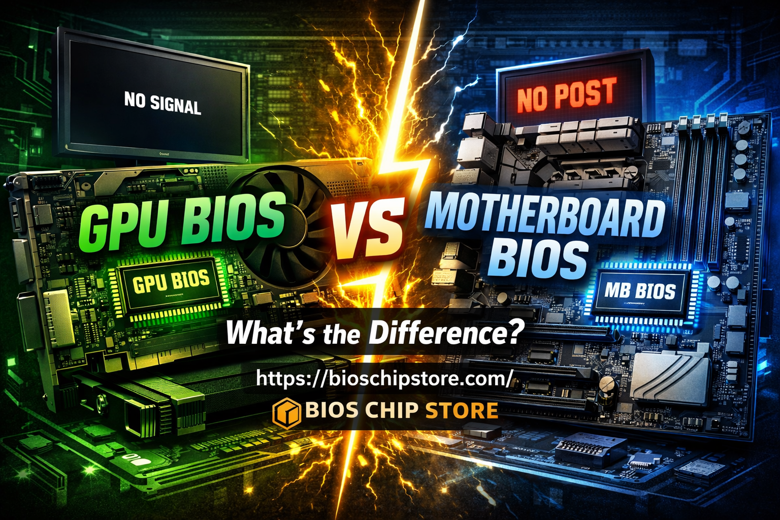 GPU BIOS vs motherboard BIOS comparison showing no display vs no POST symptoms and repair differences