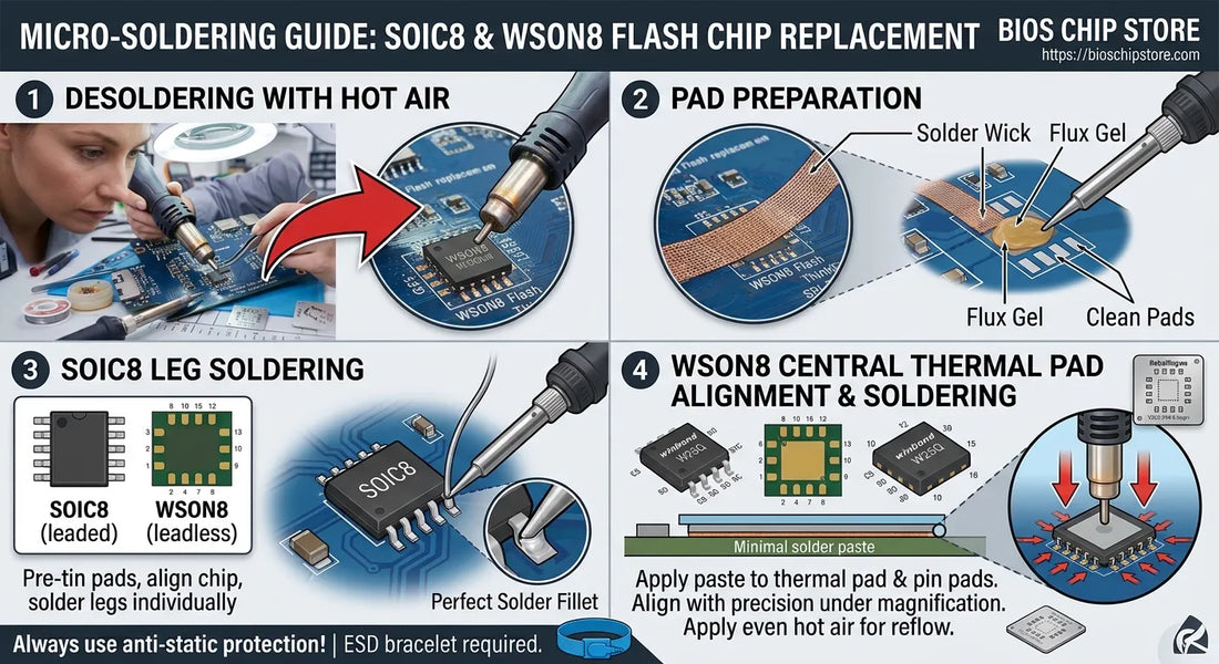 Infographic showing step-by-step SOIC8 and WSON8 SPI flash chip micro-soldering and replacement guide by BIOS Chip Store.