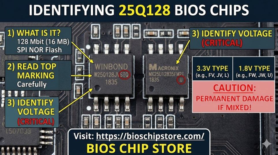 Detailed guide on identifying 25Q128 BIOS chips showing part numbers and voltage differences - BIOS CHIP STORE