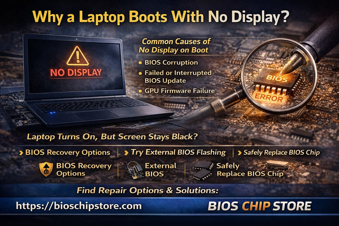 laptop boots with no display black screen BIOS corruption GPU failure repair solution BIOS CHIP STORE https://bioschipstore.com