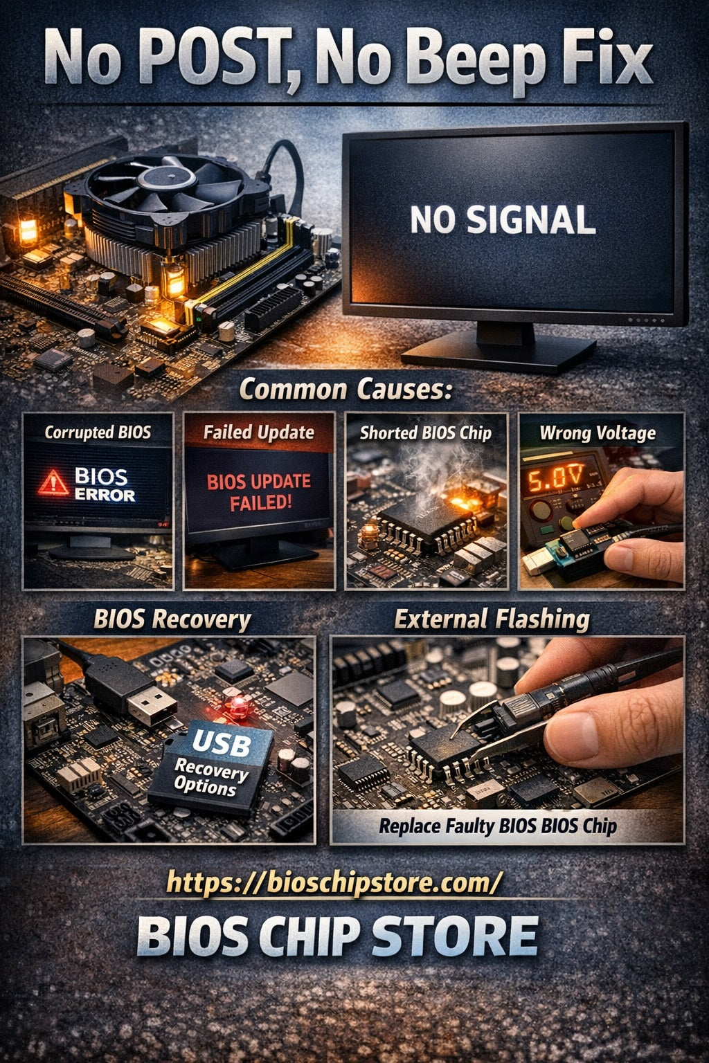 Motherboard No POST No Beep Repair Guide – No Display No Signal Fix, Corrupted BIOS, Failed BIOS Update, SPI Programmer Flashing, Replace BIOS Chip Solution | BIOS Chip Store https://bioschipstore.com/