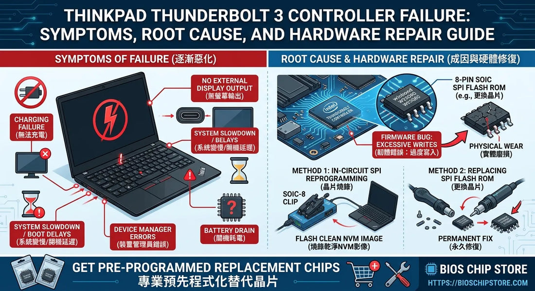 An infographic guide on Lenovo ThinkPad Thunderbolt 3 controller failure, covering common symptoms, firmware root causes, and hardware repair methods including SPI chip reprogramming and replacement by BIOS CHIP STORE.