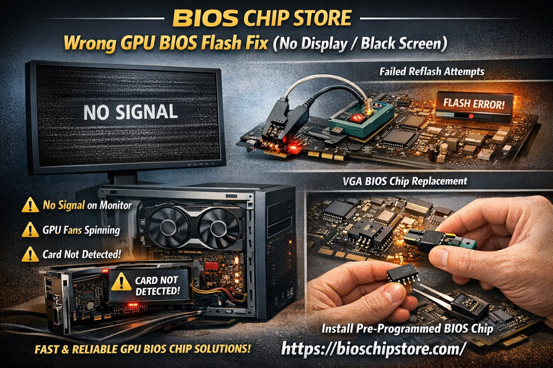 Wrong GPU BIOS flash no display black screen GPU fix VGA BIOS chip https://bioschipstore.com/