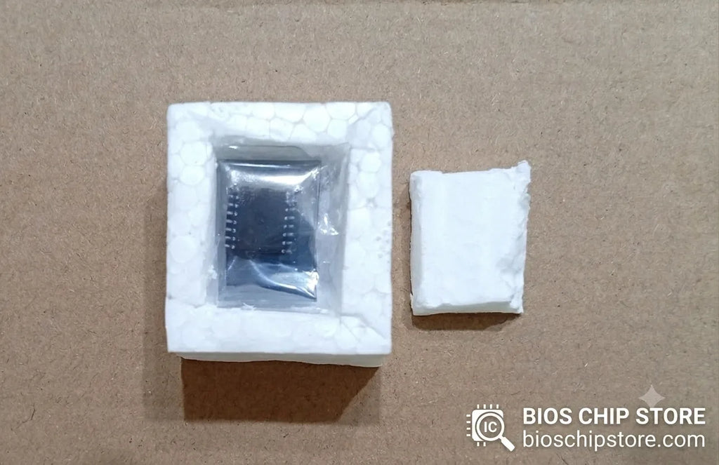 Pre-programmed BIOS chip for HP EliteBook 8570w, safely packed in protective ESD-safe anti-static packaging to prevent technical damage.